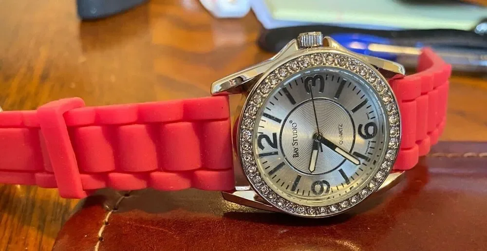 Women's Bay Studio Watch, Silver Tone with Rhinestone Bezel, Pink Poly Band